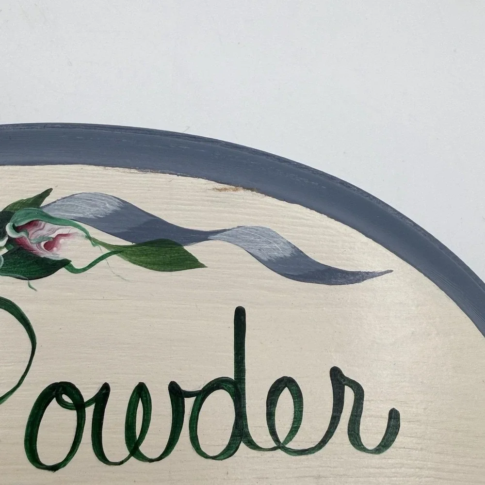 Vintage 80's Blue Country Bathroom Sign Hand Painted Floral Cottage Granny Core